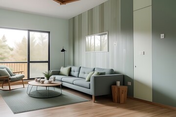 Modern living room with green worn-effect wall.

