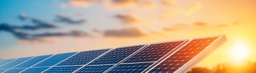 sustainable energy solutions solar panels against a vibrant sunset sky for a clean and green future.