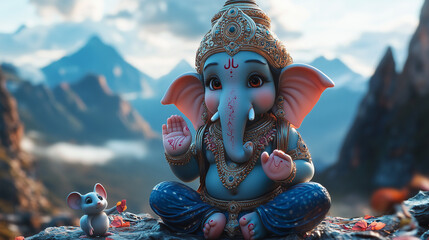 Adorable Cartoon-Style Hindu God Ganesha on Mountains with Cute Mouse