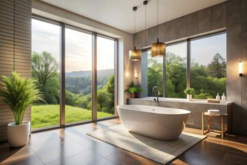 Fototapeta premium Sleek contemporary bathroom features a freestanding tub, modern fixtures, and natural light pouring in through a large window, surrounded by minimalist decor.