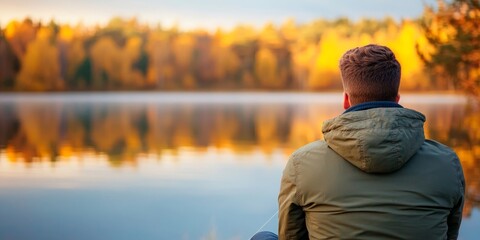 man contemplating autumnal scenery by a still lake with golden foliage and reflections.