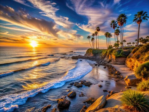 Serene Southern California coastline featuring crashing waves, sun-kissed beaches, dramatic sunsets, silhouetted palm trees, and rugged tide pools at Swamis Reef Surf Park.
