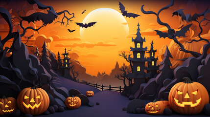 Illustration of Halloween holiday. Orange pumpkins, different scary decorations