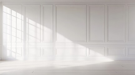 Obraz premium The interior is both serene and spacious, boasting pristine white walls, a beautifully smooth hardwood floor, and soft, gentle sunlight that streams through a window, creating a peaceful atmosphere