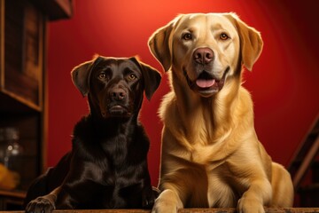 Gabbing Labrador Panting and Red Cat sitting in front of the dark yellow backgro, generative IA