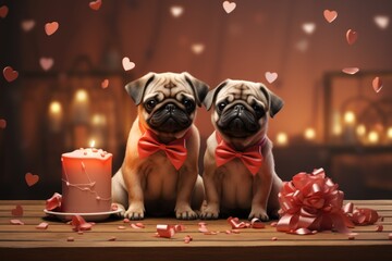 Beautiful Valentine's Day Card with Cartoon Pug dogs kissing Generative characte, generative IA