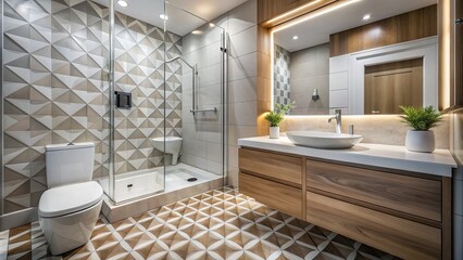 Fototapeta premium Sleek modern bathroom features geometric tile flooring, white sink basin, chrome faucet, soap dispenser, toilet, and spacious walk-in shower, exuding style and cleanliness.