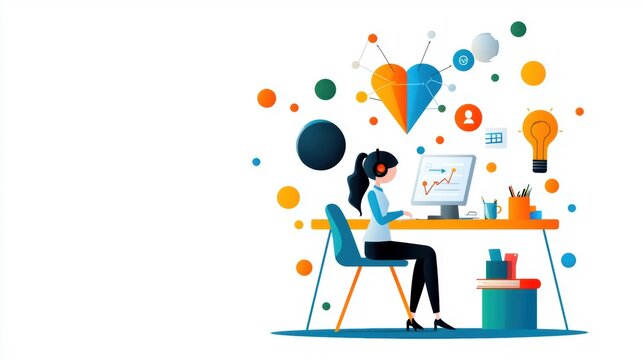 Adaptive learning AI, student progressing at personalized pace, flat design illustration