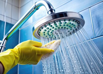 Sparkling clean shower head being scrubbed with a potent cleaning solution in a modern bathroom, emphasizing the importance of regular maintenance and hygiene.