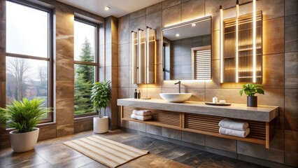 Modern bathroom interior with sleek washbasin, large mirror, and heated towel rail, illuminated by bright natural light pouring in through a large window overhead.