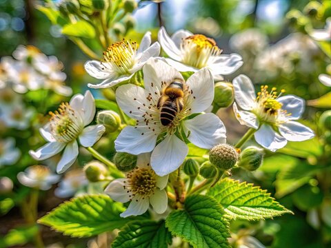 Delicate white blackberry flowers bloom in a lush spring garden, attracting a busy bee on a warm sunny day in Chakwal, Punjab, Pakistan.