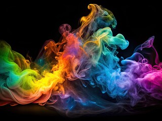 Obraz premium Vibrant wisps of colored smoke swirl and dance against a mysterious black background, creating a mesmerizing abstract composition of fleeting beauty and ephemeral wonder.