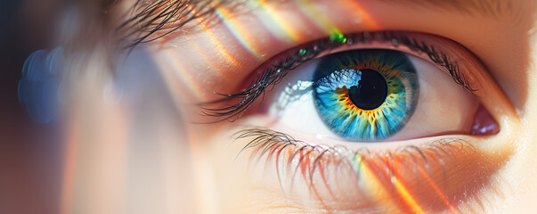 Close-up view of a brightly colored eye showing intricate details of the iris and reflection in bright sunlight