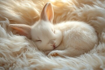 Tiny white and beige rabbit sleeping in fluffy nest top view. Pet concept