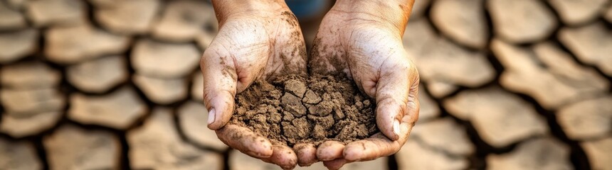 A close-up of hands holding dry, cracked soil in a field at sunset, emphasizing agriculture and environmental concerns.