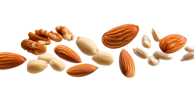 nuts almonds, walnuts and sunflower seeds flying in the air isolated on transparent background