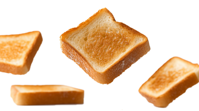 Golden-brown toast slices floating in the air isolated on transparent background