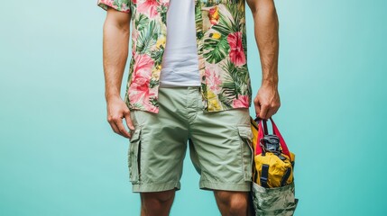 The man sports a colorful floral shirt with cargo shorts, holding a casual bag, ready for a fun day in a warm tropical setting