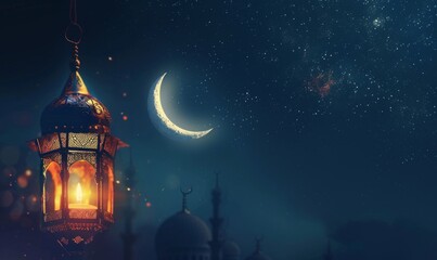 Obraz premium Ramadan advertising background concept, glowing lantern, crescent moon, mosque, copy space