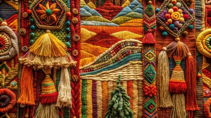 Naklejka premium Vibrant textile artwork crafted with intricately woven fiber and cloth, showcasing masterful technique and attention to detail, evoking a sense of rustic, earthy sophistication.