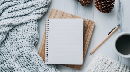 A cozy scene featuring a blank notepad, pencil, cup of coffee, pinecones, and a soft sweater, all arranged on a wooden surface, evoking a relaxed winter vibe.