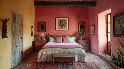 Classic Mexican house bedroom with vintage furnishings.