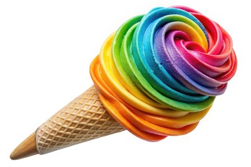Vibrant rainbow sherbet ice cream cone on a stick, swirled with colors of the rainbow, isolated on a transparent background, perfect for summer treats.