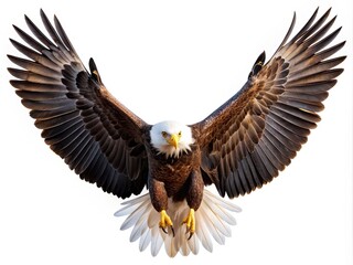 Obraz premium A majestic American bald eagle spreads its wings in mid-flight, soaring against a crisp white background, exuding power, freedom, and unbridled majesty in stunning high-resolution detail.