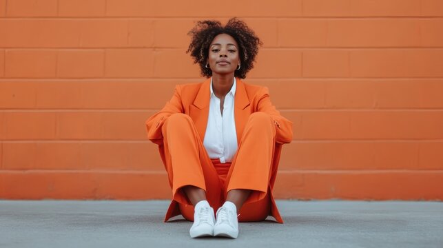 A confident woman dressed in an orange suit sits against an orange wall, exuding style, empowerment, and modern fashion sense against a minimalist backdrop.