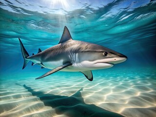 Obraz premium Majestic grey shark with a stark white belly and piercing black eyes glides effortlessly through crystal-clear turquoise ocean waters, showcasing its powerful physiology.