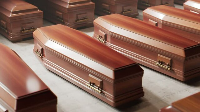 Looping Animation Of Countless Coffins Standing On The Floor Before A Funeral Endless Looping Animation Of Solid Wooden Coffins Standing On The Stone Floor Before The Funeral Ceremony An Enormous