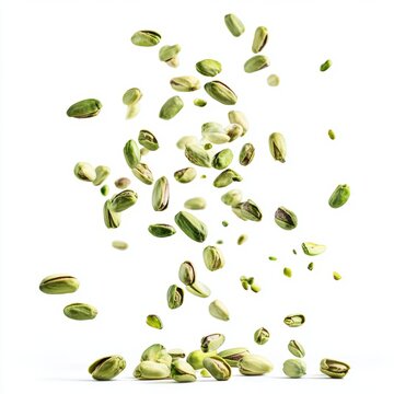 Close up of Falling pistachio isolated on white background