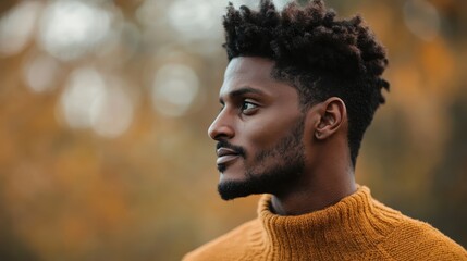 A young man with short curly hair gazes into the distance from a profile view. The warm autumn colors in the background complement his thoughtful expression and serene demeanor.