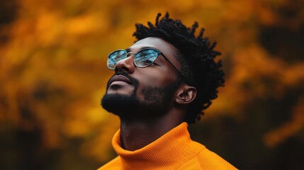An individual wearing an orange sweater stands against an autumn-themed background filled with warm colors, evoking a sense of coziness and the aesthetic of the fall season.