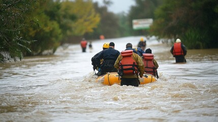 Rescuers guiding people through waist-deep floodwater to safety after a dam breach