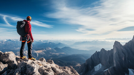 Fototapeta premium A mountain climber nearing the summit, gripping the rocky surface with determination, the expansive view below symbolizing the reward for relentless effort