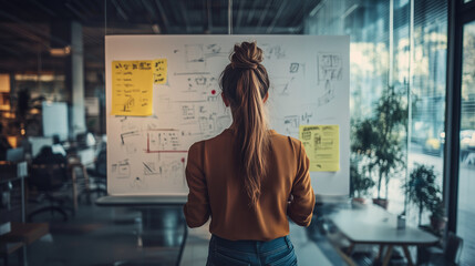 A young entrepreneur sketching ideas on a whiteboard in a modern office, surrounded by prototypes and innovative tools, representing the creativity and hard work that drive business success