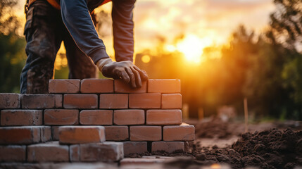 A construction worker laying bricks with precision on a building site at sunrise, the emerging structure behind them representing the tangible results of effort and teamwork