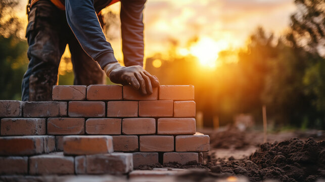 A construction worker laying bricks with precision on a building site at sunrise, the emerging structure behind them representing the tangible results of effort and teamwork