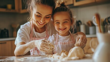 Mother and daughter enjoying quality time baking cookies together in a cozy kitchen filled with flour and laughter