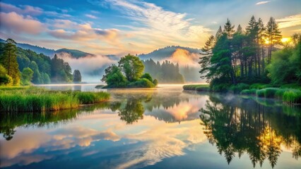 Fototapeta premium Serenity abounds in a tranquil landscape of lush greenery, soft mist, and a still lake, evoking a sense of calmness and inner harmony at dawn.