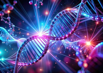 Vibrant neon lights envelop a futuristic DNA nanotechnology molecule, its intricate double helix structure aglow with radiant blues, pinks, and purples
