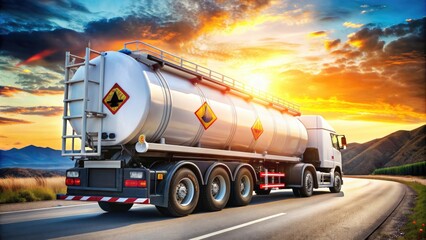 Warning signs and labels on a tanker truck indicate hazardous materials, including high-temperature liquids, posing a threat to environment and human safety during transportation.