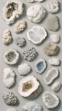 Various white and gray crystals including quartz and ironstone are arranged neatly on a table against a light grey background, highlighted by soft lighting and gentle shadows