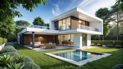 Modern villa with elegant exterior design, featuring clean lines, minimal ornamentation, and a predominantly white color scheme, set amidst lush green surroundings.