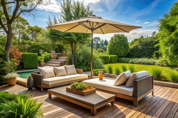 Sophisticated outdoor oasis features sleek sofa, sun lounger, and umbrella on a countryside patio, surrounded by lush greenery, exuding rustic charm and serenity.