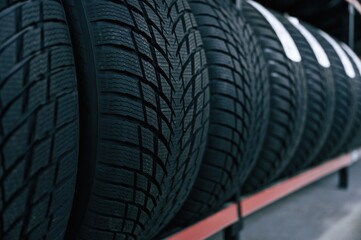 Particle close up view. New tires are placed on the storage rack in the car workshop