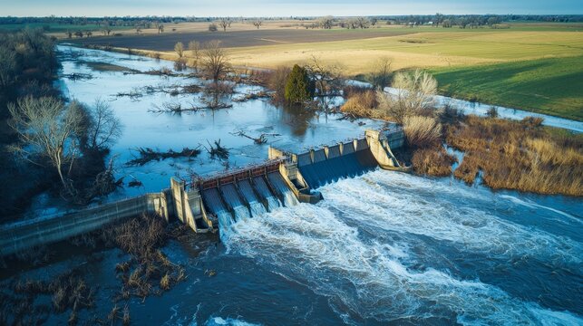 Aerial shot of a broken dam with floodwaters spreading across farmland and into residential areas