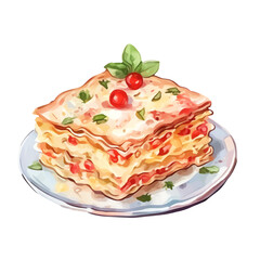 Delicious Italian lasagna with layers of pasta, cheese, and sauce, garnished with basil and cherry tomatoes on a white plate.
