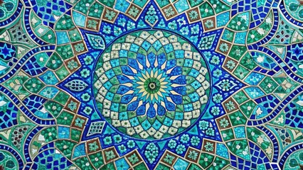 Vibrant blue and green tile mosaic artwork featuring intricate geometric patterns, swirling shapes, and subtle texture, evoking a sense of tranquility and natural harmony.